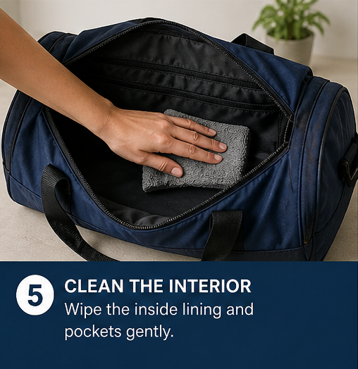 How to clean a duffle bag? In 2 minutes! 7 wiping the inside lining of a duffle bag during cleaning process