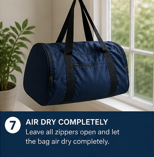 How to clean a duffle bag? In 2 minutes! 9 air drying a duffle bag with zippers open after washing