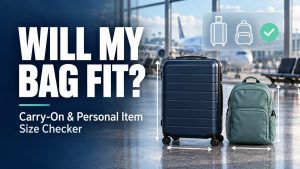 Suitcase Review- We review suitcases 6 Carry-on suitcase and backpack with dimension arrows at an airport, beside the text “Will My Bag Fit?”