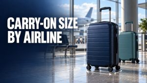 Suitcase Review- We review suitcases 4 Two carry-on suitcases at an airport, with dimension arrows and the text “Carry-On Size by Airline”.