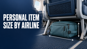 Suitcase Review- We review suitcases 5 Teal backpack beneath an airplane seat, with dimension arrows and the text “Personal Item Size by Airline”.